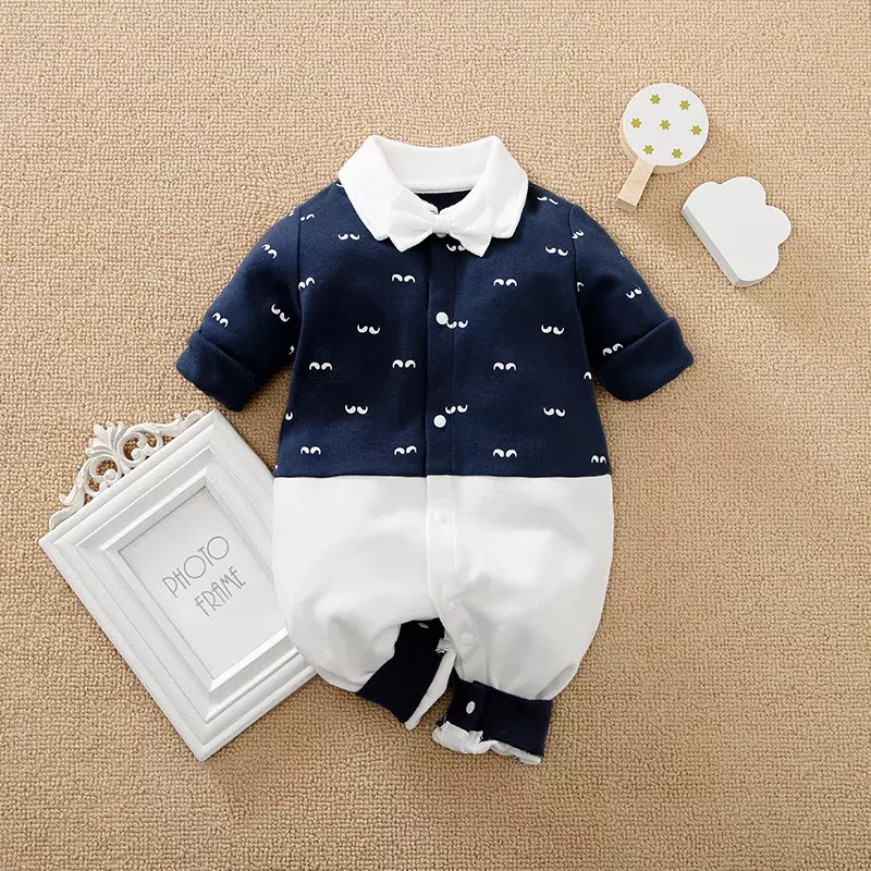Хлопковый комбинезон с длинным рукавом для новорожденных, комбинезоны, наряды для мальчиков, малышей, Красивый джентльменский костюм, одежда 0-12 месяцев
