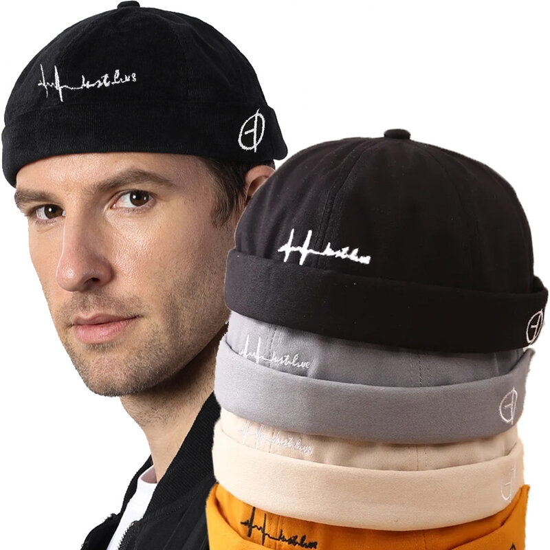 Topi Docker katun pria, tutup kepala Skullcap Retro tanpa tepi Hip Hop Multipurpos portabel warna Solid dapat disesuaikan lembut