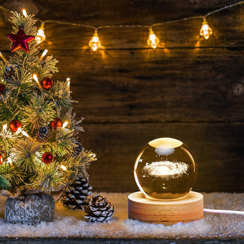 Креативный Хрустальный глобус, искусственная кожа, 3D гравировка, светящийся шар, форма ночного освещения, романтическая окружающая лампа с деревянной основой, домашний декор комнаты