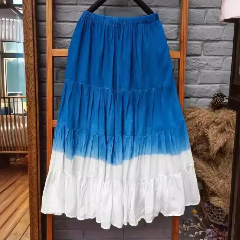 Falda larga de viaje para mujer, falda de cuatro secciones, teñida a mano, media falda empalmada de Batik azul, novedad de 2024
