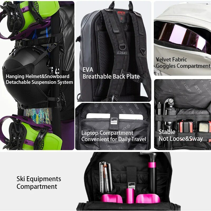 LDSKI สกีกระเป๋าเป้สะพายหลัง20ลิตรของผู้หญิงความจุขนาดใหญ่กันน้ำผู้ชายทนทานกระเป๋า Boot หิมะกระเป๋าเดินทางเดินป่าแพ็คสโนว์บอร์ด Accessorie