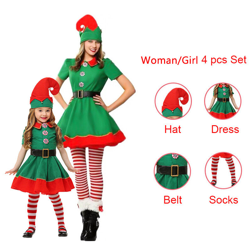 Volwassen Kinderen Familie Kerst Kostuum Vrouwen Mannen Kerstman Xmas Nieuwe Jaar Party Cosplay Outfits Jongens Meisjes Groene Elf Fancy jurk