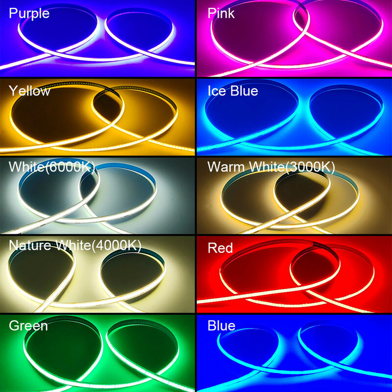 Flexível FOB LED Strip Lights, Fita COB, Branco Quente, Vermelho, Azul, Verde, Amarelo, Rosa, Roxo, Decoração de Iluminação, 12V, 24V, 320LEDs por m
