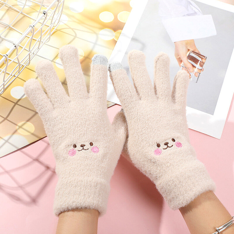 1 Pair Mink Thicken Knitted Gloves For Women Fluffy Soft Warm Full Finger Gloves Winter Knitted Gloves Touch Screen Mittens