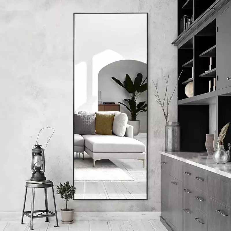 Espejo de piso a techo, espejo largo grande montado en la pared, marco de aluminio para Baño/dormitorio/sala de estar, negro