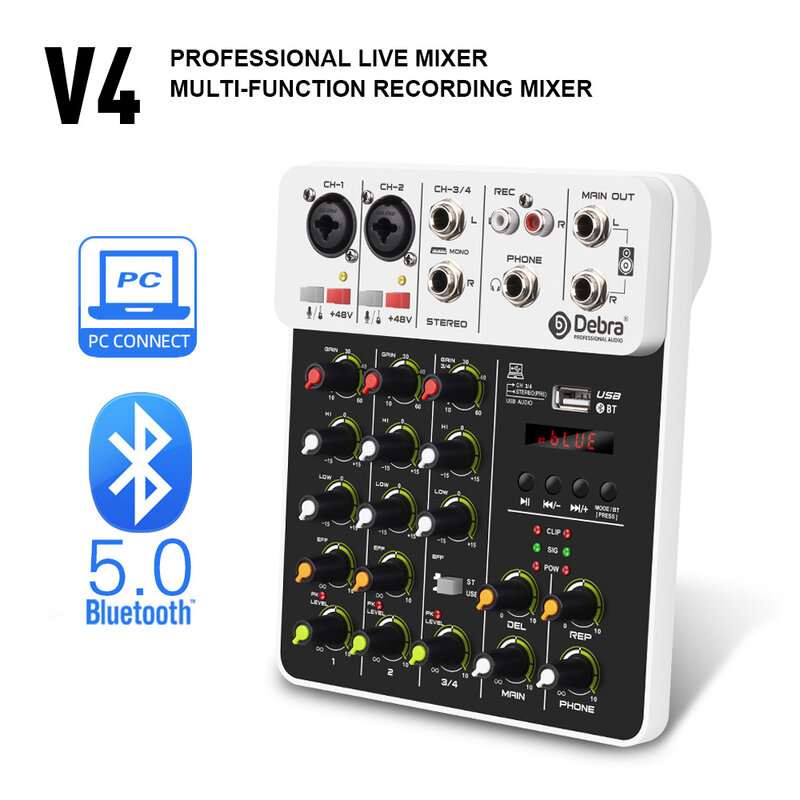 V4 Audio Interface Mixing Console Bluetooth Usb Record Pc 48V Fantoom Power Delay Repaeat Effect 4 Kanalen Usb Audio Mixer.