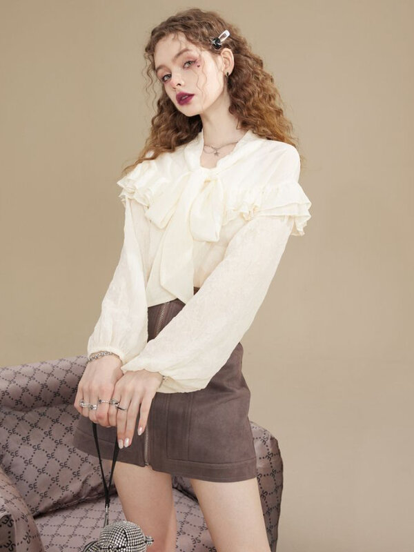여성 블라우스, 우아한 v넥 긴팔 v넥 상의, 세련된 부드러운 프릴, 가을 패션, 최신 프랑스 스타일
