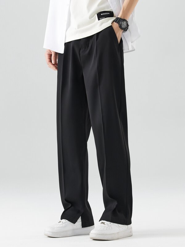 2023 New Summer Casual Pants Men Breathable Polyester Korean Fashion Semi-Wide Banded Waist Slacks Straight Loose Drape Trousers