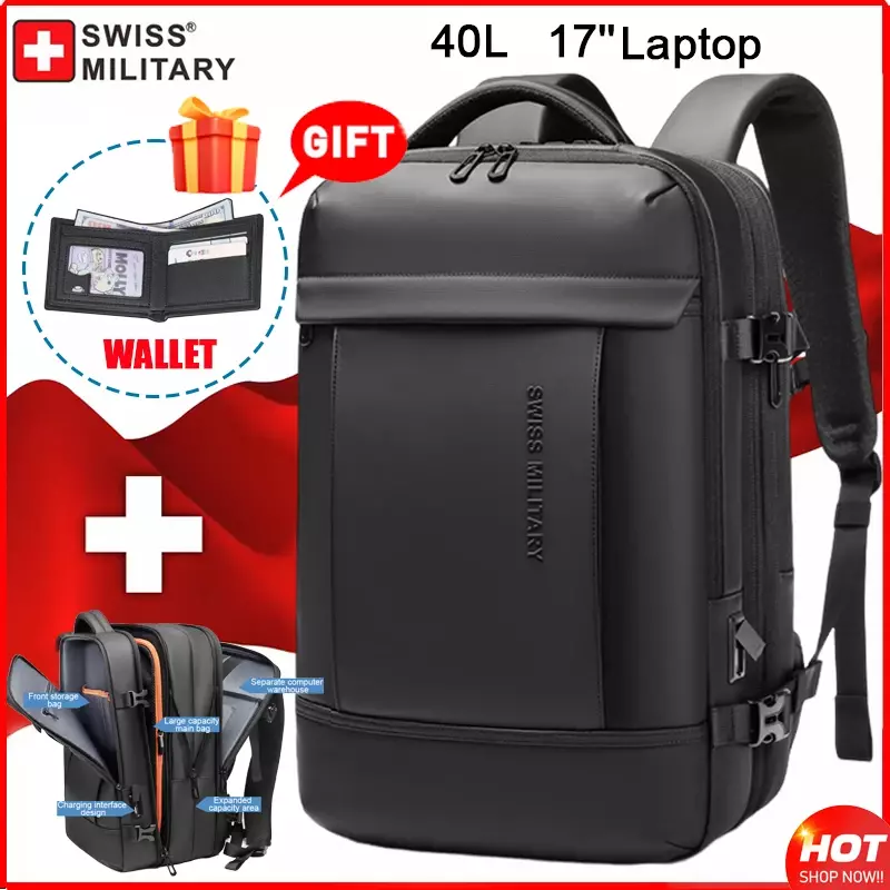 Рюкзак Швейцарский военный деловой, расширяемая сумка с USB-разъемом, водонепроницаемый большой дорожный городской портфель для компьютера