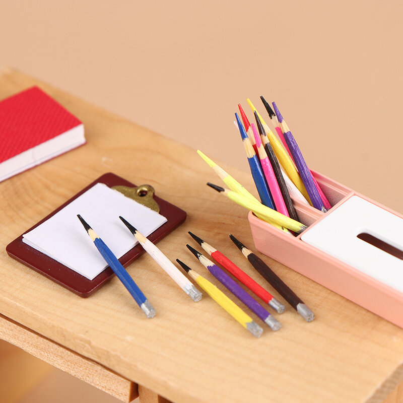 Dollhouse Miniature Pen for Kids, Mini Lápis Colorido, Material Escolar, Toy Pretend Play, Doll House Acessórios, 8PCs, 1:12