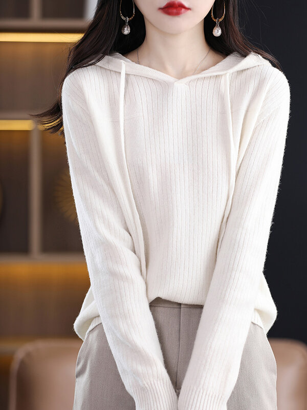 Musim gugur musim dingin wanita Sweater lengan panjang Hoodie 100% Merino wol Pullover ramping menggambar tekstur garis merajut pakaian populer Korea