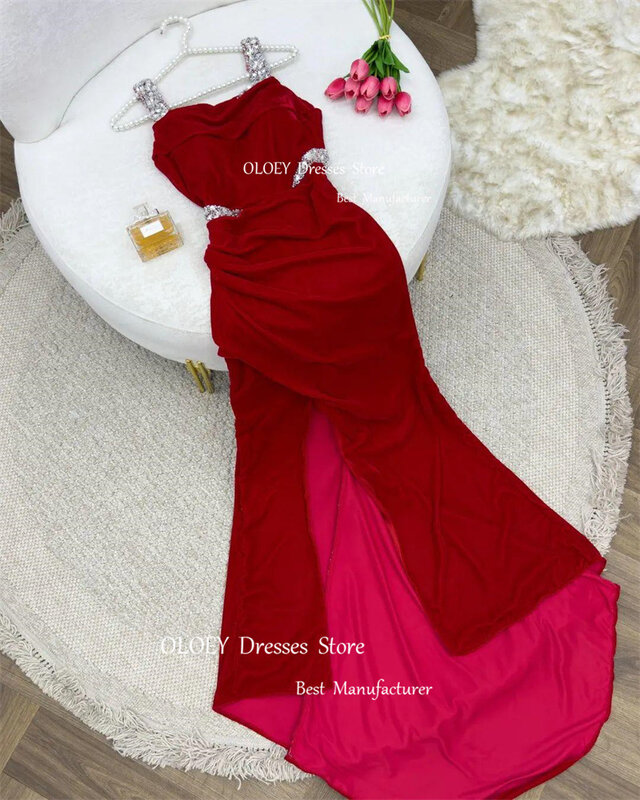 OLOEY-vestidos longos com alças e miçangas, fenda lateral de cristal, vestidos de formatura, vestido de festa formal, vestido de dama de honra, vermelho escuro