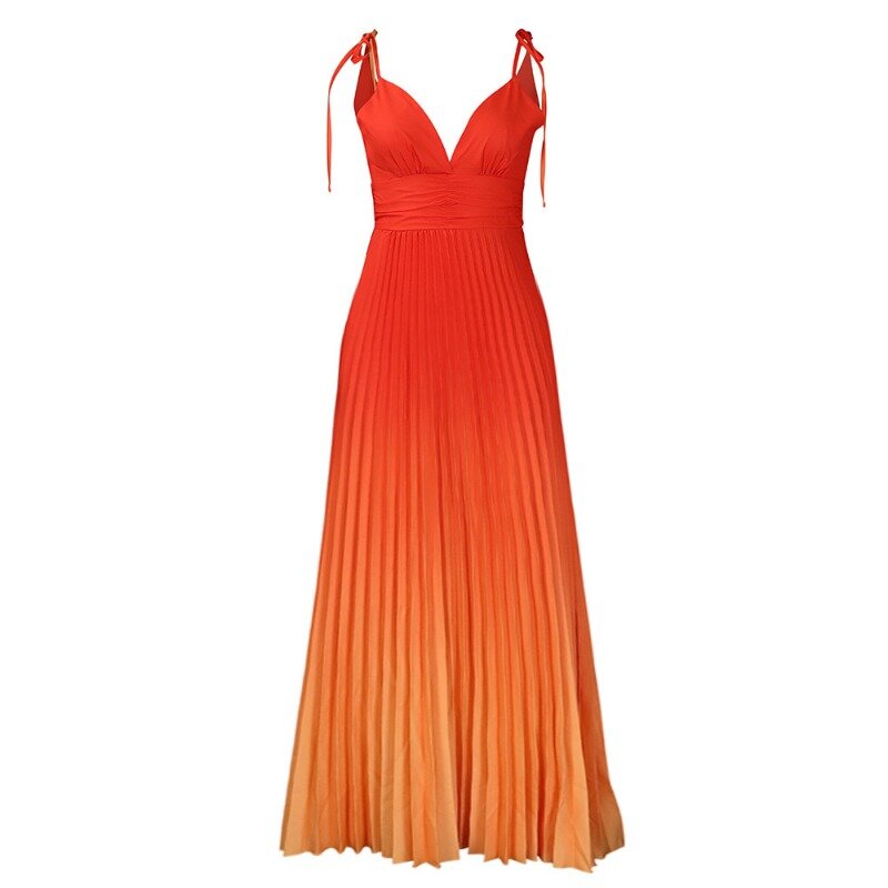 Długie, plisowane kolorowa damska sukienka klubowa z głębokim sznurowany dekolt w szpic paski Spaghetti wieczorowa koktajlowa z wysokim stanem bez pleców