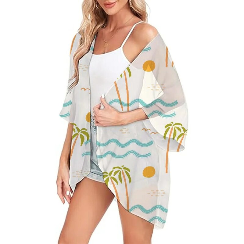 Bata holgada de gasa con estampado de plantas para mujer, abrigo de Bikini de playa, Kimono, cárdigan, traje de baño, blusa, ropa de complejo turístico