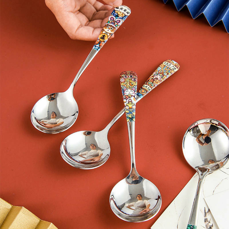 Colored Printed Handle Spoon Stainless Steel Serving Round Shape Coffee Scoop Ice Cream Dessert Tea Spoon Tableware Kitchen Tool