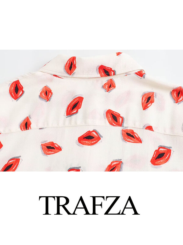 TRAFZA-Blusas femininas de gola virada para baixo, estampa sólida, mangas compridas, peito único, camisas soltas casuais femininas, na moda, verão, 2024