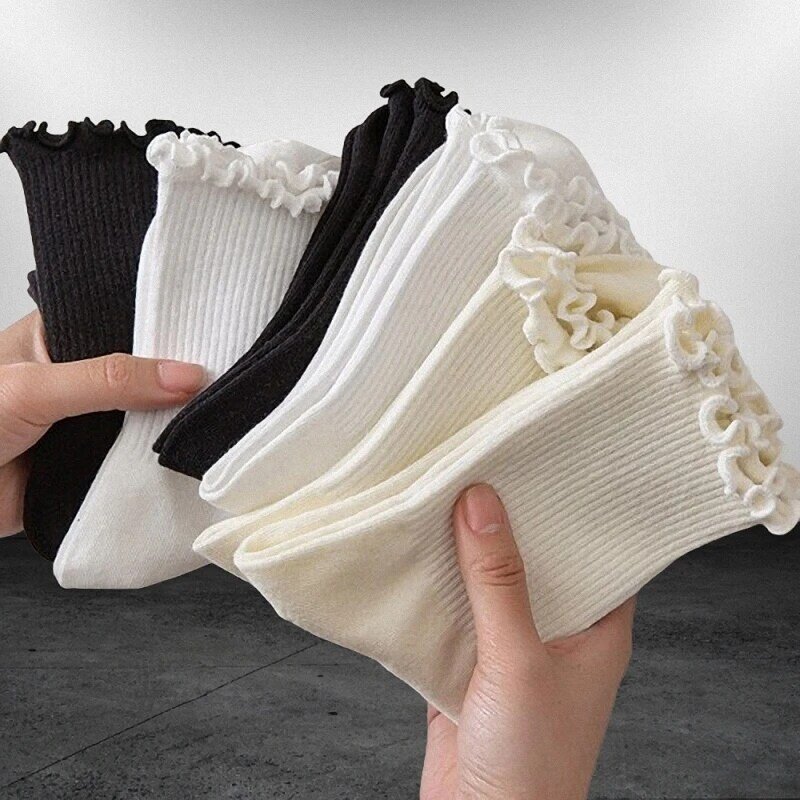 5/10 Pairs Women Ruffle Frilly Cotton Socks Black White Novelty Funny Ankle Socks Cute Solid Cotton Breathable Fashion Crew Sock