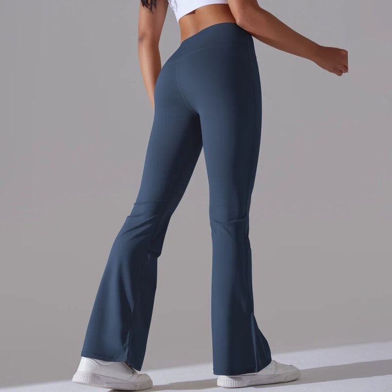 Celana Yoga warna polos untuk wanita, celana Yoga pas badan pinggang tinggi elastis latihan kaki lebar, celana kebugaran