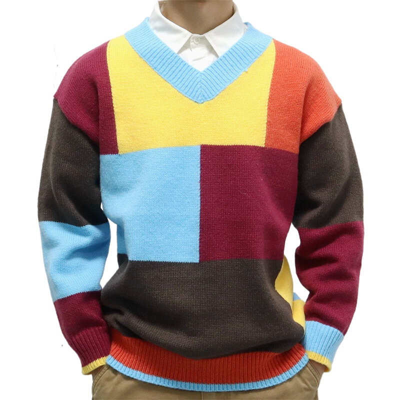 Patchworkowe swetry z dekoltem w szpic dla mężczyzn bluzki z dzianiny jesienno-zimowe z dzianiny w stylu Casual swetry męskie odzież z długim rękawem hiphopowy sweter