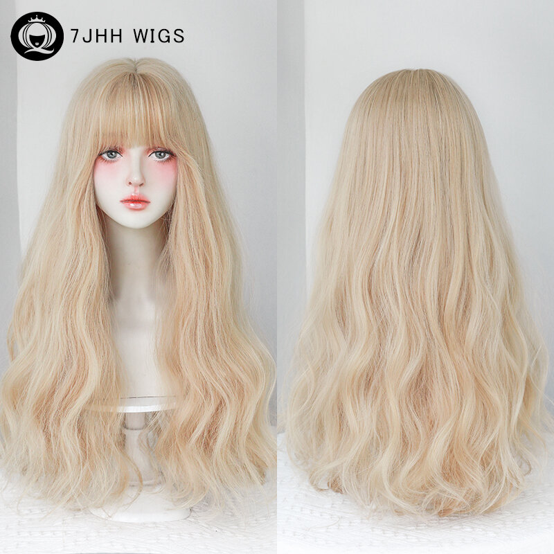 7JHH WIGS High Density Long Wave Blonde Wigs with Neat Bangs Heat Resistant Synthetic Wavy Hair Wig for Women Cospaly Lolita Wig