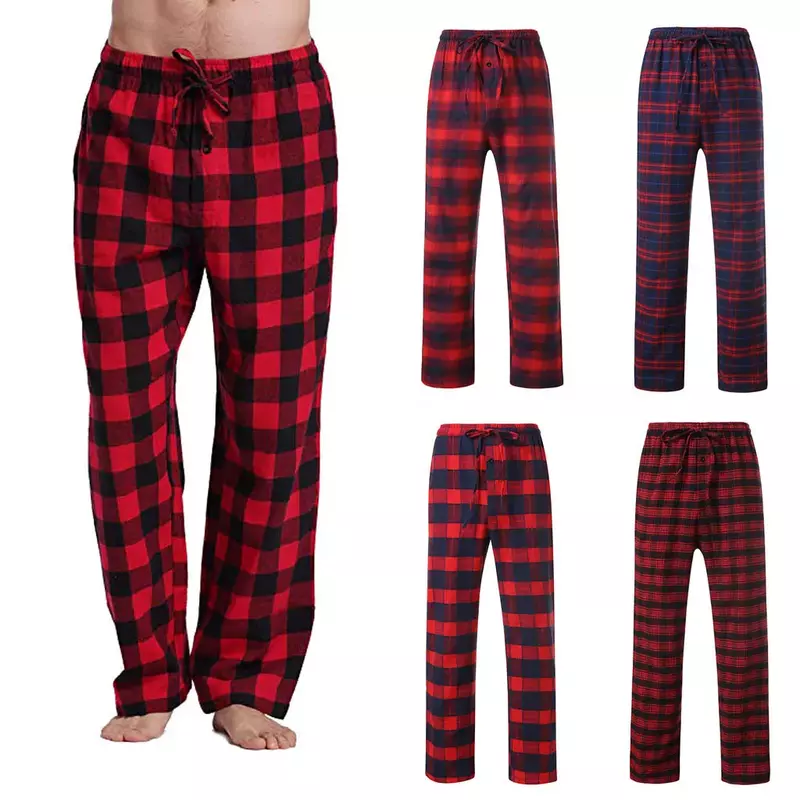 Moda masculina casual algodão pijama calça longa macio confortável solto elástico cintura xadrez cozy sleepwear casa lounge calças novo