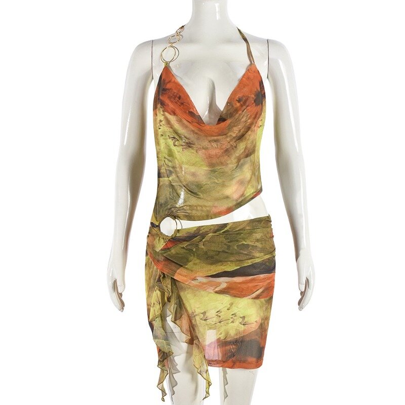 Женское Сетчатое мини-платье с драпировкой, V-образным вырезом и открытой спиной