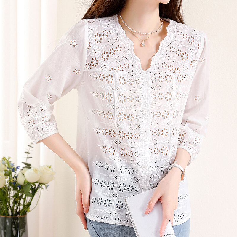 QOERLIN Lace Hollow Out White Shirts Women Summer 3/4 Sleeve Single-Breasted V Neck Loose Casual Elegant Tops Blouse Embroidered