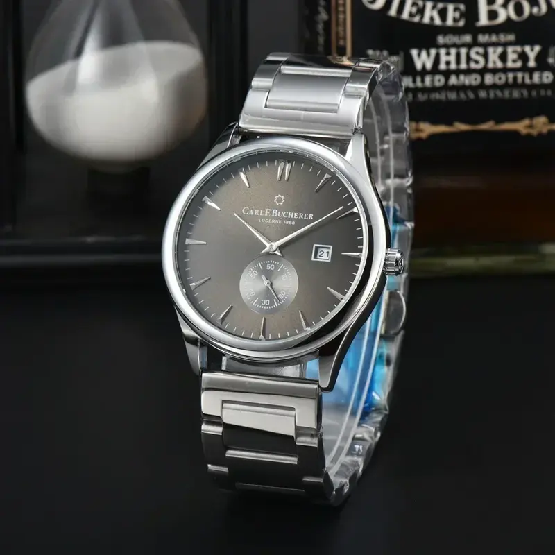 New Carl F. Bucherer jam tangan Marley Dragon Flyback kronograf, jam tangan mewah, jam tangan Quartz tali kulit warna abu-abu Biru Dial atas, jam tangan untuk pria