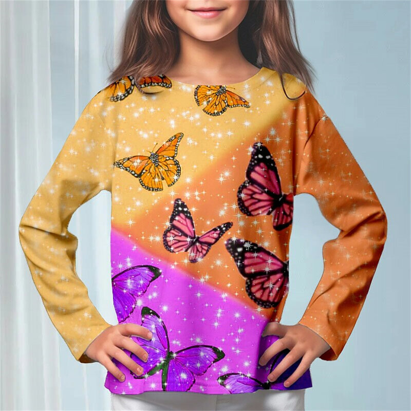 Atasan untuk anak-anak motif kupu-kupu pakaian anak perempuan musim gugur kaus Wanita Lengan penuh pakaian 2 sampai 6 tahun kaus kartun modis