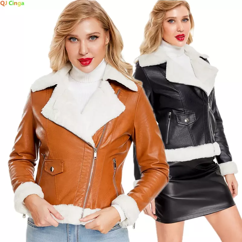 Jaket kulit PU untuk wanita Slim Fit musim dingin mantel kulit imitasi berlapis bulu tebal hangat jaket pengendara sepeda motor Mujer XS-XXXL