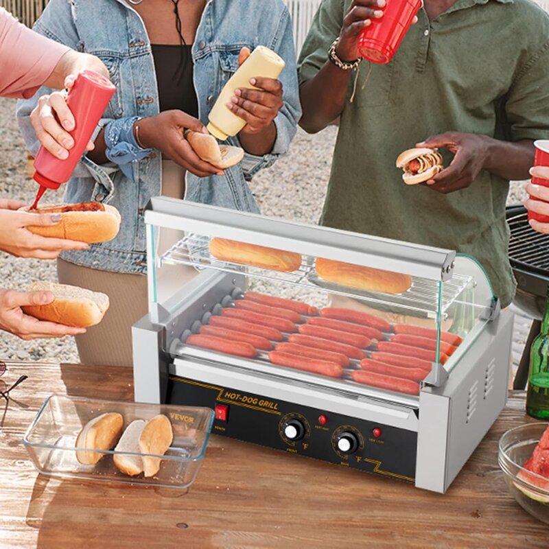 Hot Dog Roller 7 Rollers 18 Hot dogi pojemność 1050W maszyna do grillowania ze stali nierdzewnej z podwójnym kontrola Temp szklanym kapturem
