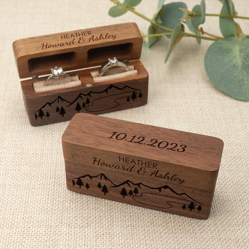 Kotak cincin pernikahan dipersonalisasi pemegang cincin pernikahan kustom kotak Wulnut pedesaan untuk dekorasi pernikahan pertunangan