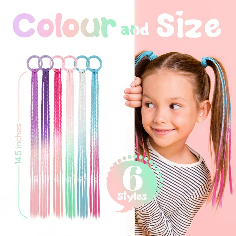 Extensión de cabello de cola de caballo trenzada para niños, cinturón elástico de cola de caballo de color sintético, iridiscencia, 45cm
