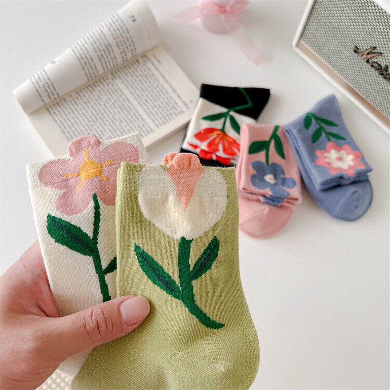 Kaus kaki wanita, kaus kaki perempuan motif kelinci lucu Kawaii gaya Jepang katun Harajuku lucu bernapas kasual musim semi motif bunga