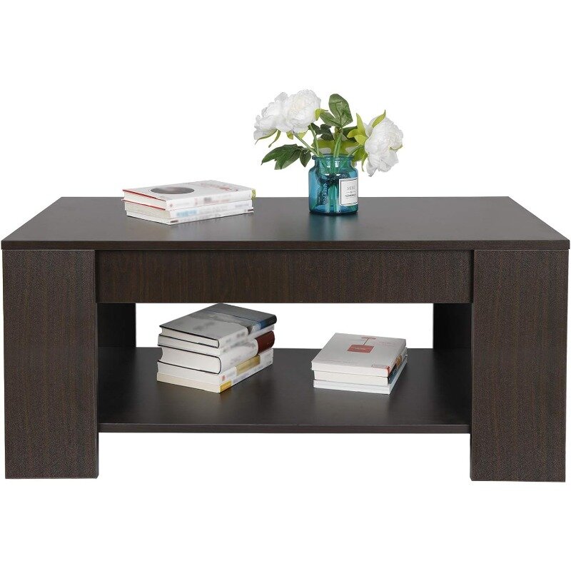 Modern Lift Top Coffee Table w/Hidden Compartment and Storage Shelves Pop-Up Storage Cocktail Table for Living Room Reception