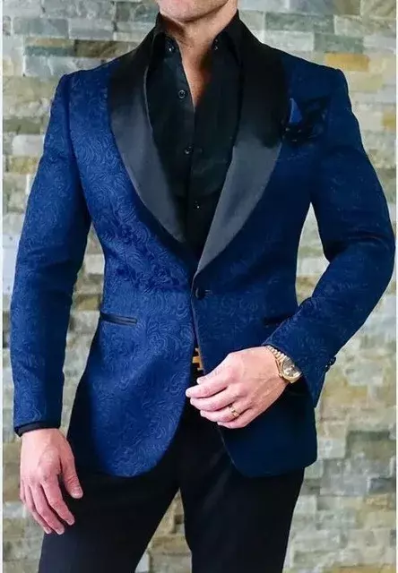 Elegante terno jacquard azul real masculino, smoking noivo, baile de baile Slim Fit Blazer, traje de 2 peças personalizado, de alta qualidade, casamento