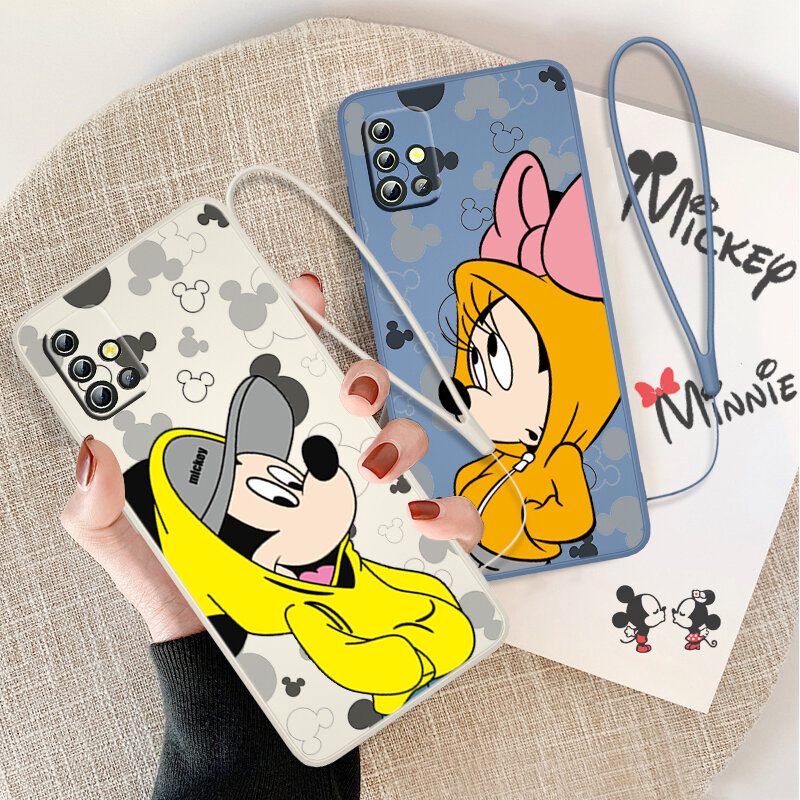 Mickey Minnie Happy สำหรับ Samsung Galaxy A73 A53 A33 A52 A32 A22 A71 A51 A21S A03S A50 4G 5G Liquid เชือกโทรศัพท์กรณี Coque Capa