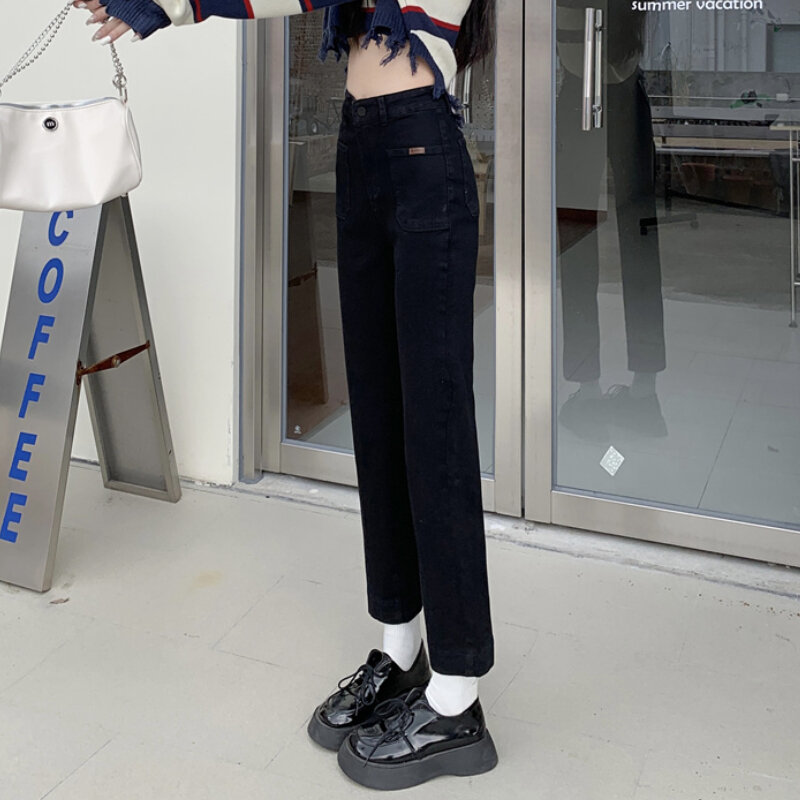 Pantalones vaqueros de cintura alta hasta el tobillo para mujer, ropa de calle lisa, informal, recta, combina con todo, estilo coreano, Kawaii, 2023