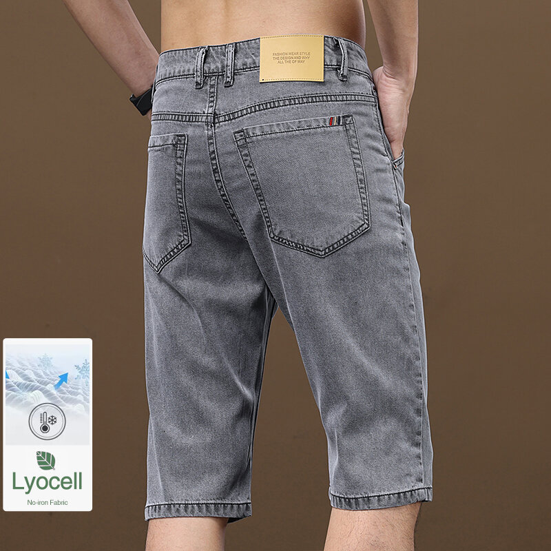 Lyocell ขาสั้นสำหรับผู้ชาย, ยีนส์ขาสั้นทรงหลวมทรงตรง Comfort celana pendek DENIM ลำลอง