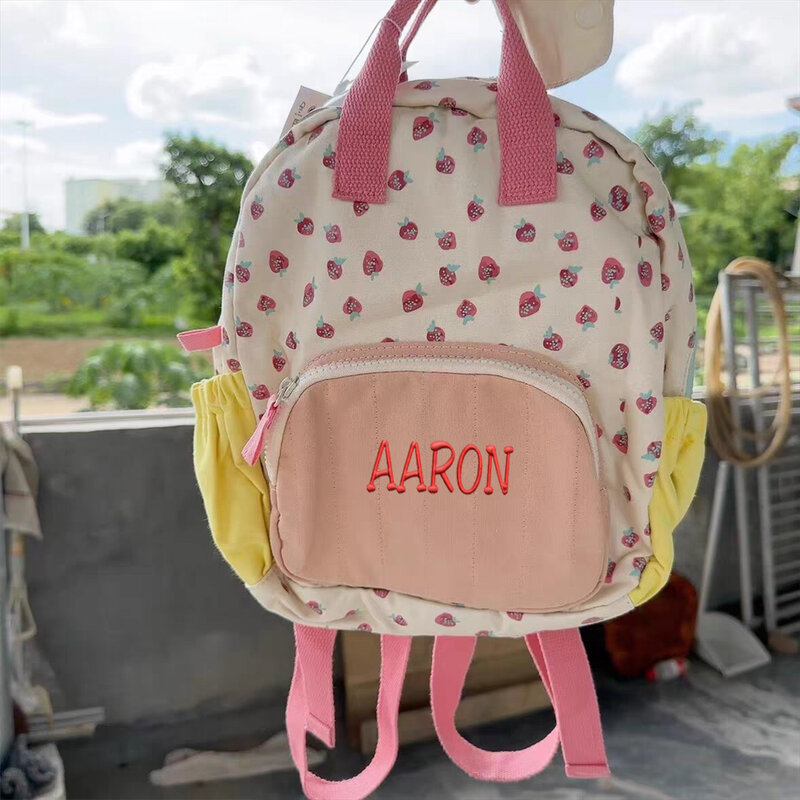 New Cotton Canvas Dopamine Strawberry Colored Cute Children's Backpack Personalized Name Girls Schoolbag Outdoor Travle Backpack