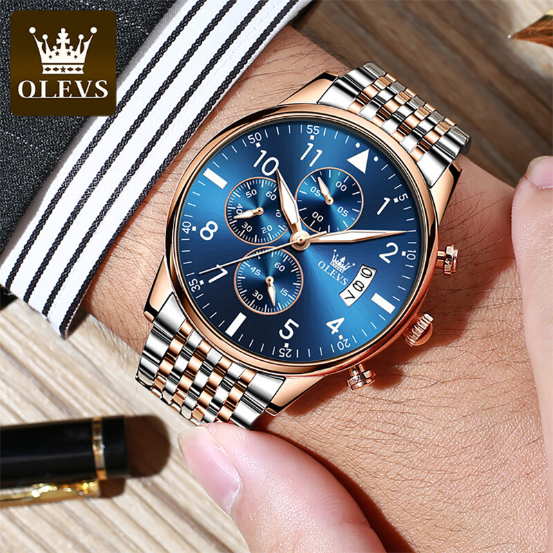 OLEVS นาฬิกาควอทซ์แนวแฟชั่นสำหรับผู้ชายนาฬิกาข้อมือบอกวันที่แบบสปอร์ตทำจากเหล็กกันน้ำมีแสงส่องสว่าง