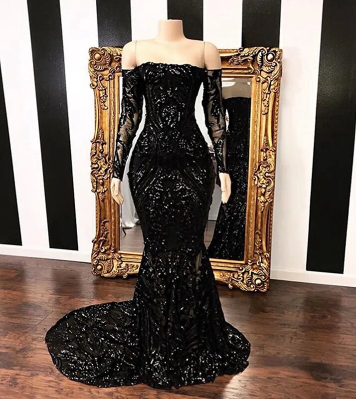 Black Prom Dresses Sleeveless Neck Beaded A-Line Bridal Appliques Sequins Dresses Plus SizePearls Floor Length Side Slit  Custo
