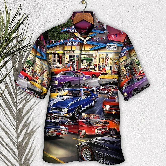 Гавайская рубашка унисекс, винтажная пляжная блузка с 3d принтом автомобиля, с коротким рукавом, с лацканами, большие размеры, для мужчин и женщин