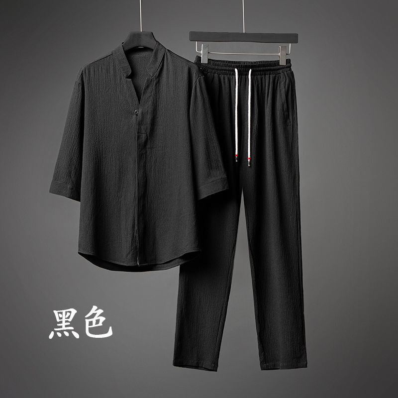 Летний костюм династии Хань и Тан из льняного шелка с рукавом «пять четвертей», мужской костюм из двух частей из хлопка и льна, большой свободный костюм средней длины, sl