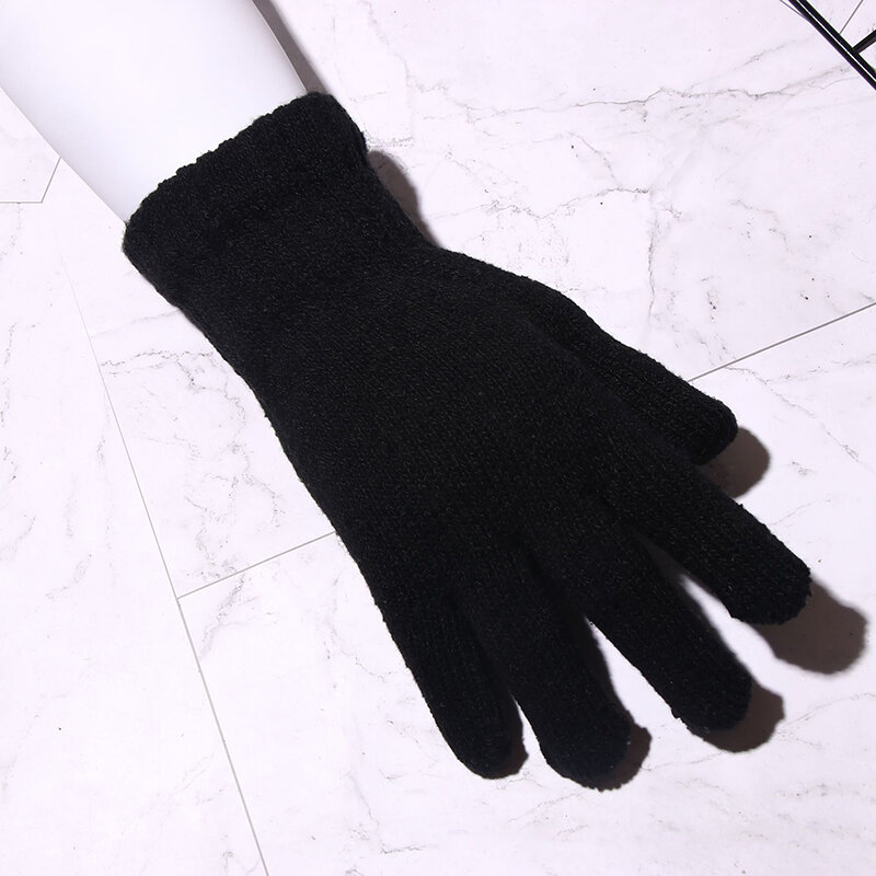 1Pair Black All-Finger Gloves For Women And Men Wool Knit Wrist Cotton Gloves Winter Warm Workout Gloves
