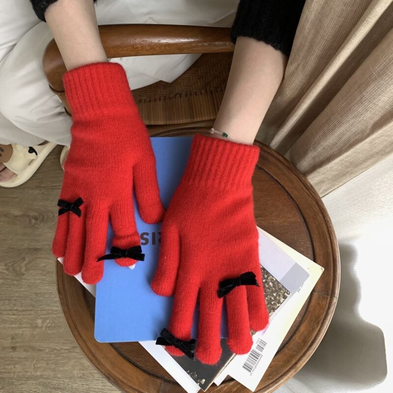Модные вязаные перчатки с бантом, женские зимние перчатки, теплые перчатки для верховой езды, однотонные пушистые рабочие перчатки Y2k, милые варежки в стиле Харадзюку