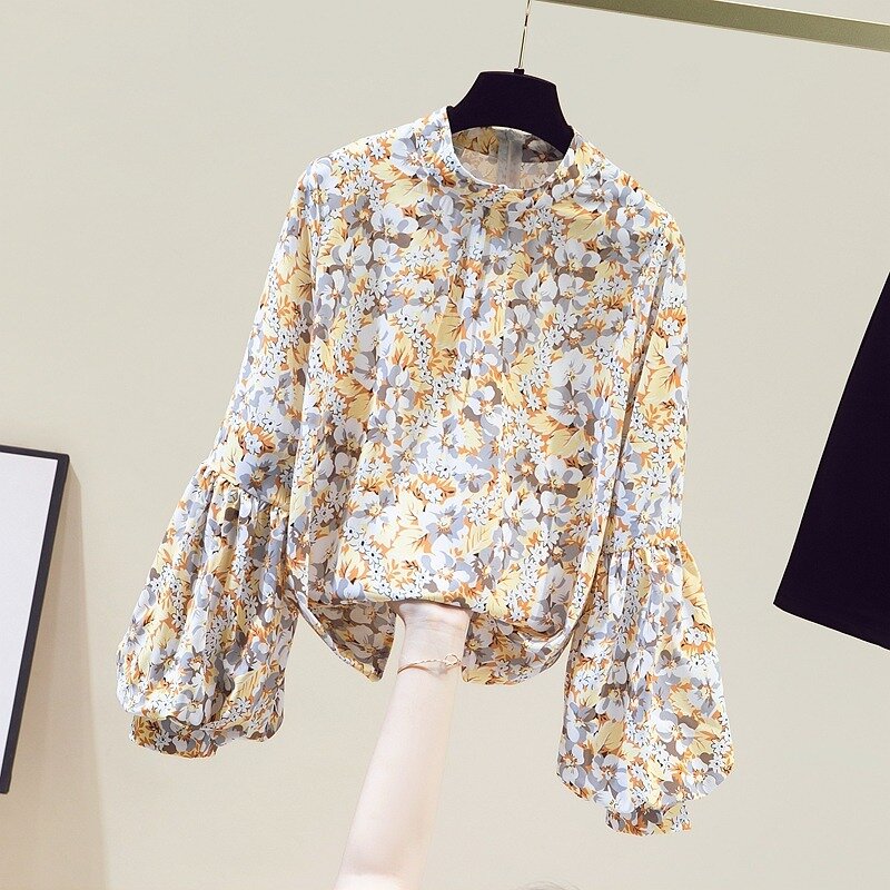 Fashion Stand Collar Floral Print Blouse Autumn 2024 New Korean Chiffon Blouse Long Lantern Sleeve Shirt Loose Clothes 28508