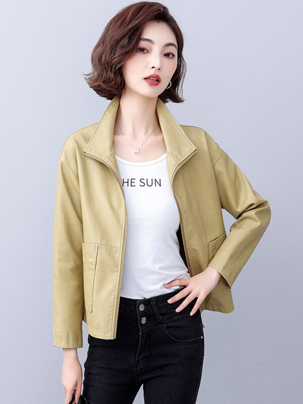 New Women Leather Jacket Spring Autumn Fashion Classic Stand Collar Zipper Fly Loose Short Coat Split Leather Casual Outerwear