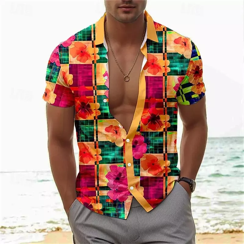 เสื้อโปโลคอปกพิมพ์ลาย3D ลายตารางหมากรุกลายดอกไม้สำหรับเสื้อยืดแขนสั้นชายใหม่ฤดูร้อน2024