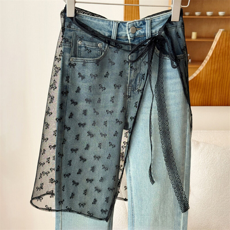 Кружевная многослойная газовая юбка с завязкой, прямая многослойная юбка для девушек Y2K, уличная одежда, фартук, юбка с запахом, подходящие брюки со шнуровкой